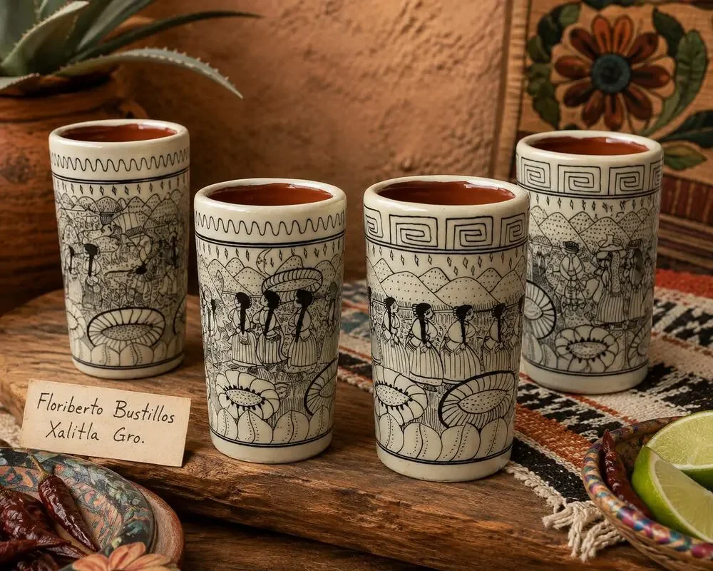 Floriberto Bustillos Xalitla Mexican Folk Art Tequila Shot Cups Set 4